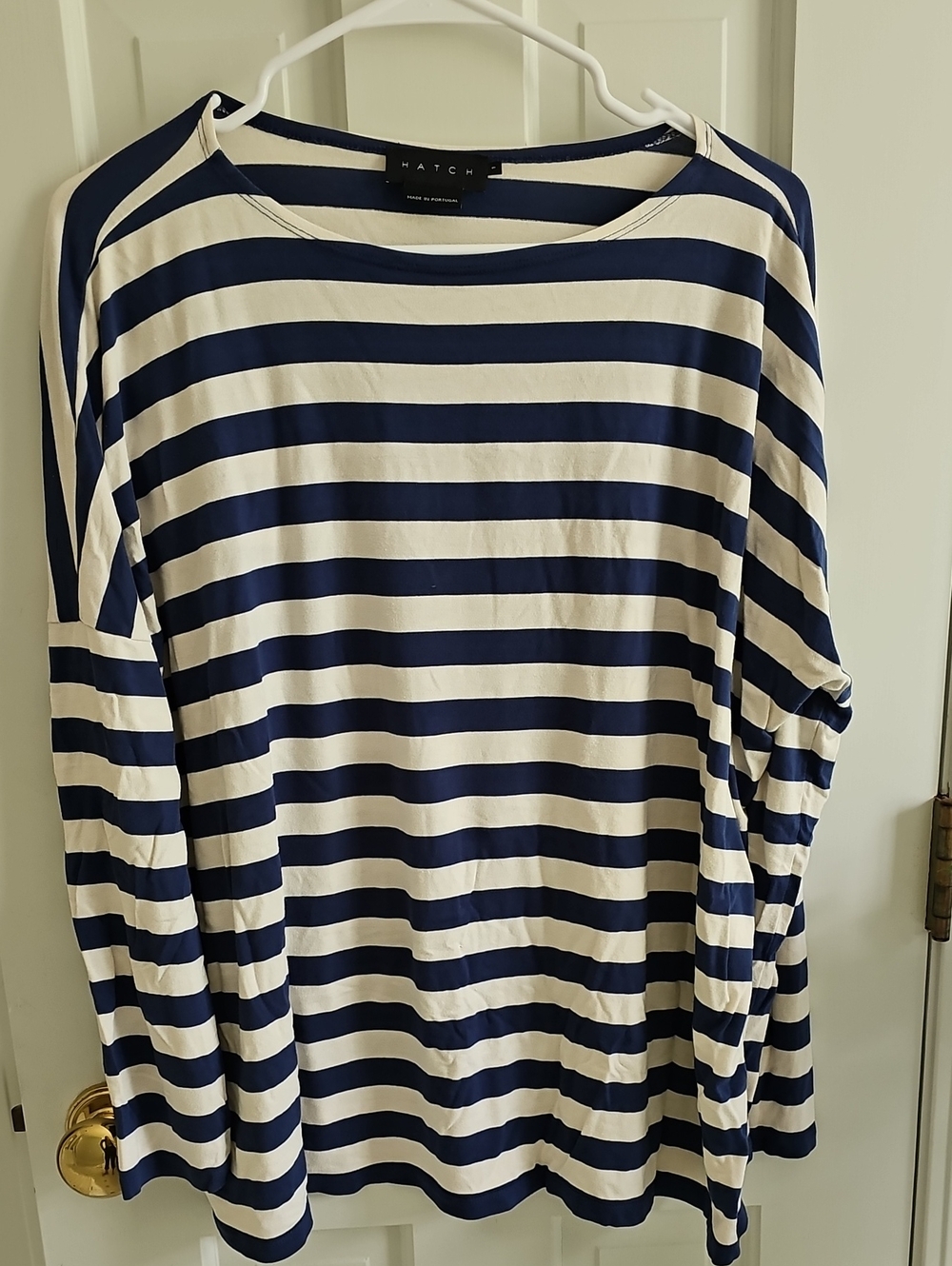 Hatch Navy and White Striped Long Sleeve Top - Boatneck